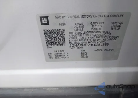 2020 Chevrolet Equinox Fwd Ls из США, поврежденный, VIN 2GNAXHEV3L6254565